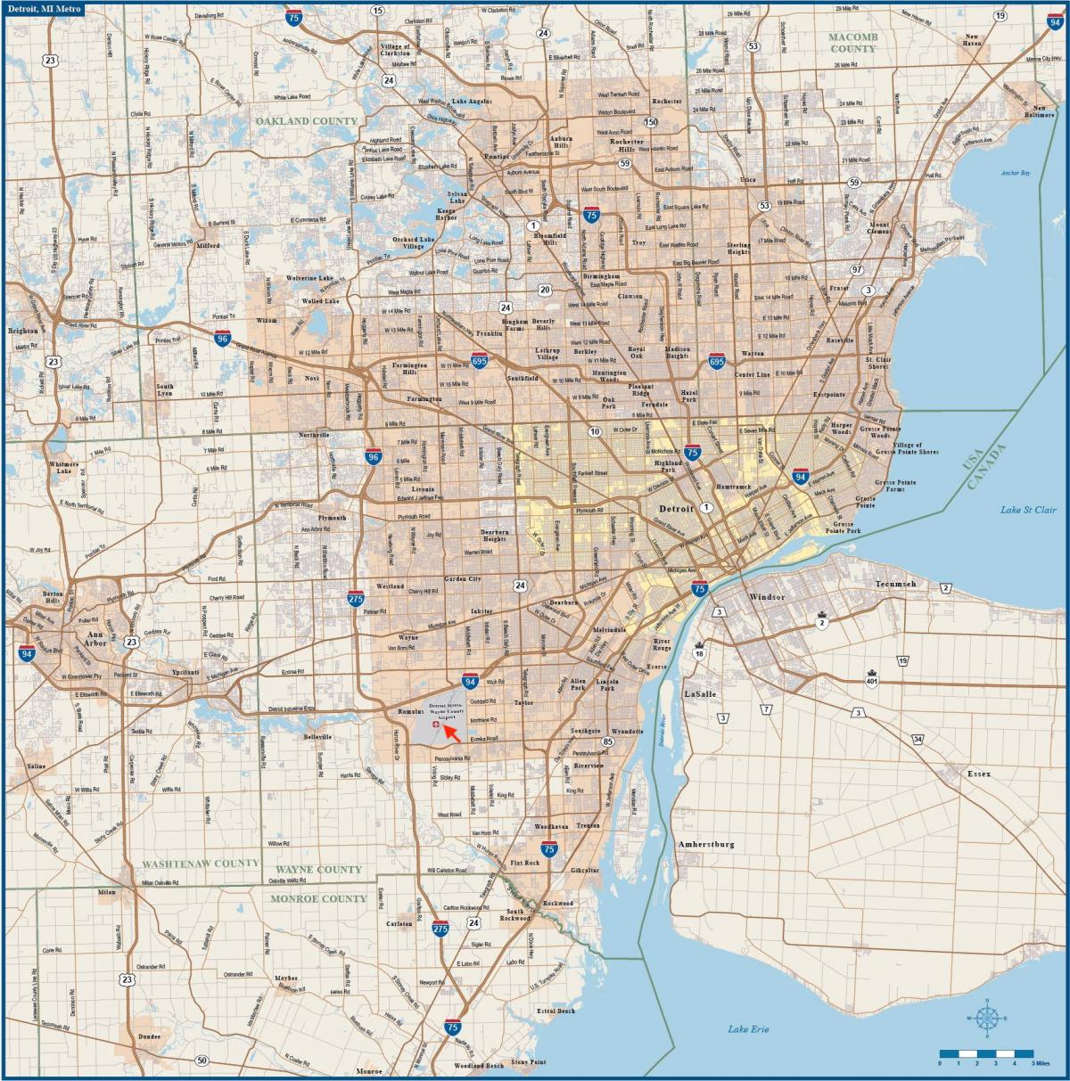 Mapa de los aeropuertos de Detroit