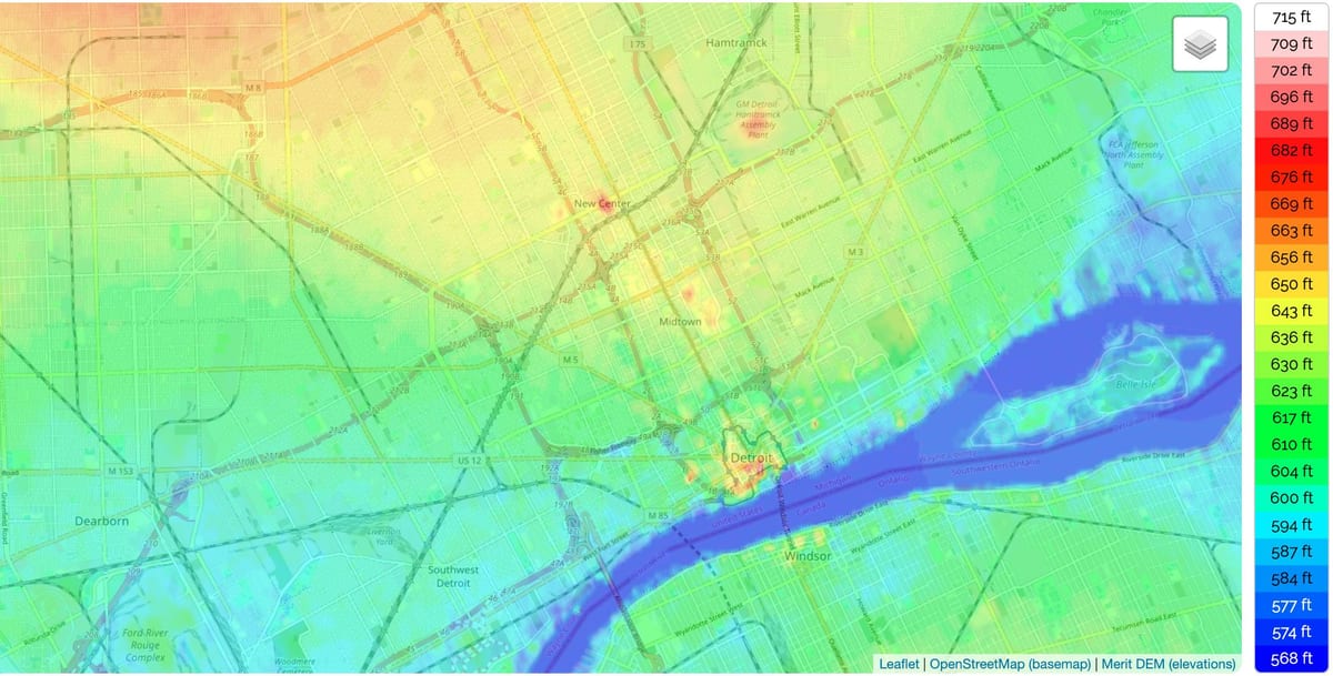 Mapa de elevación de Detroit